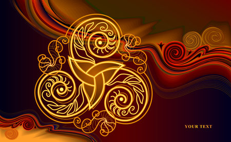 Abstract Celtic background. Triple trickle symbol with golden light. Luxury ornate gold ornament. Print for greeting card, poster, mural wallpaper, invitation, decoration. vector illustration.のイラスト素材