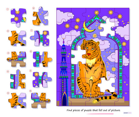 Logic game for children and adults. Find pieces of puzzle that fell out of picture. Page for kids brain teaser book. Task for attentiveness. Developing spatial thinking. Play online. Vector image.のイラスト素材