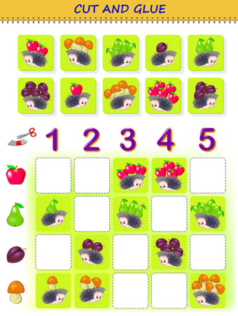 Educational page for little children. Use a scissors to cut and glue the hedgehogs. Learn to count. Printable template with math exercises for kids. Logic puzzle game. Cutting and hardworking skills.のイラスト素材