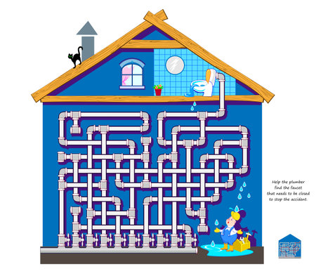 Best labyrinths. Help the plumber find the faucet that needs to be closed to stop the accident. Logic puzzle game. Brain teaser book with maze. Kids activity sheet. play online. vector illustration.のイラスト素材