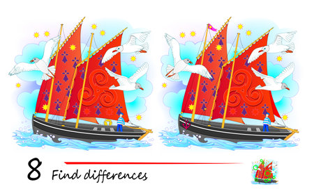 Find 8 differences. Illustration of ancient Celtic sailboat and seagulls. Logic puzzle game for children and adults. Page for kids brain teaser book. Developing counting skills. Vector drawing.のイラスト素材