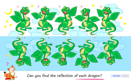 Logic puzzle game for children and adults. Can you find the reflection of each dragon? Page for brain teaser book. Developing kids spatial thinking. Task for attentiveness. Vector illustration.のイラスト素材
