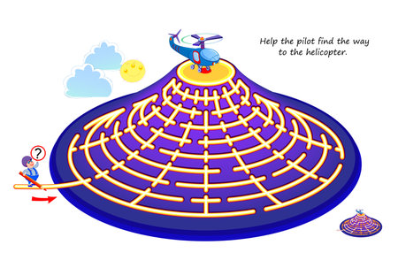 Best labyrinths. Help the pilot find the way to the helicopter. Logic puzzle game. Brain teaser book with maze. Kids activity sheet. Educational page for children. Play online. Vector illustration.のイラスト素材