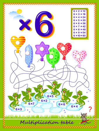 Educational page for school. Multiplication table by 6 for kids. Solve examples and write numbers on the balloons. Logic puzzle game with labyrinth. Printable worksheet for children math textbook.のイラスト素材