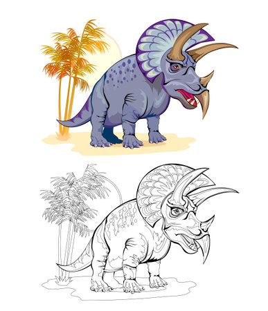 Colorful and black and white page for coloring book. Illustration of cute triceratops. Printable worksheet for children exercise book. Online education. Clip-art cartoon vector. Animals for kids.のイラスト素材