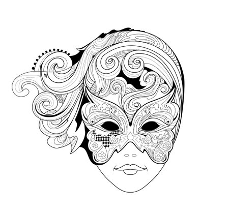 carnival mask. Coloring book for children and adults. Illustration in zentangle style. Printable page for drawing and meditation. Black and white vector for decoration, t-shirts, tattoo.のイラスト素材