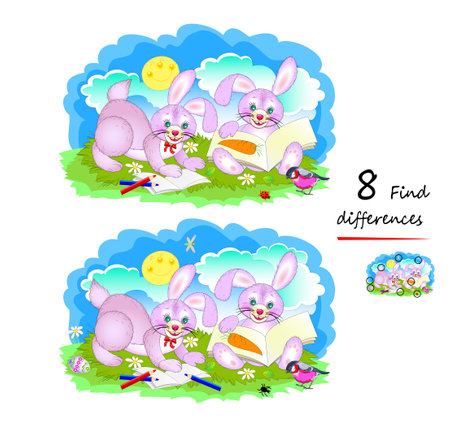 Find 8 differences. Illustration of cute Easter rabbits learning to read. Logic puzzle game for children and adults. Page for kids brain teaser book. Developing counting skills. Vector drawing.のイラスト素材