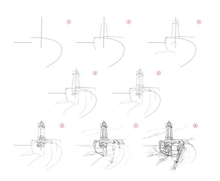 Page shows how to learn to draw sketch of seascape with lighthouse. Pencil drawing lessons. Educational page for artists. Textbook for developing artistic skills. Online education. Vector illustrationのイラスト素材