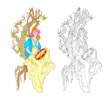 Colorful and black and white page for kids coloring book. Drawing of beautiful fairyland princess playing tambourine. Worksheet for children and adults. Art Nouveau style. Flat vector cartoon image.のイラスト素材