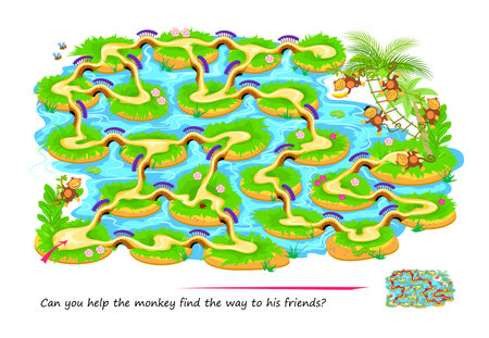 Best labyrinths. Can you help the monkey find the way to his friends? Logic puzzle game. Brain teaser book with maze. Educational page for children. play online. vector illustration.のイラスト素材