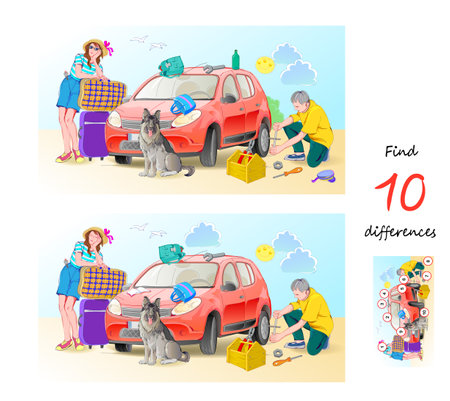 Find 10 differences. Illustration of family going to vacation. Logic puzzle game for children and adults. Page for kids brain teaser book. Developing counting skills. Vector drawing.のイラスト素材