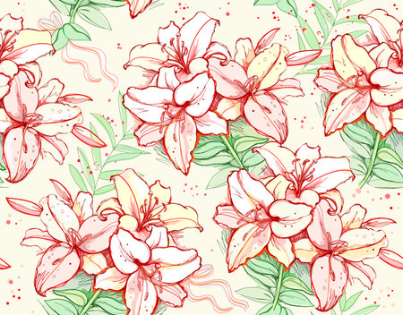 Seamless pattern ornament. Luxury picture with stylized hand drawn lilies for mural wallpaper, fabric, decoration, clothes. Artistic abstract floral background. Vector illustration.のイラスト素材