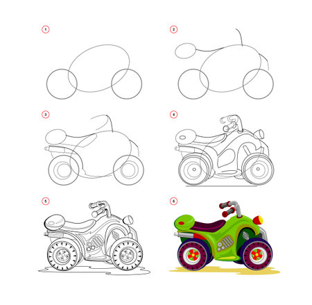 Page shows how to learn to draw step by step toy scooter. Developing children skills for drawing and coloring. Printable worksheet for kids school exercise book. Flat vector illustration.のイラスト素材