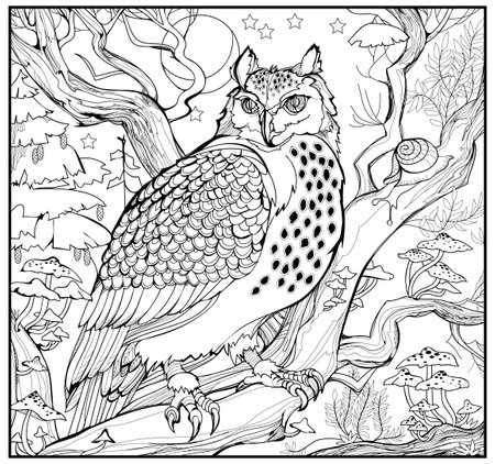 Coloring book for children and adults. Illustration of owl in night forest. Animals for coloring. Printable page for drawing and meditation. Black and white vector image.のイラスト素材