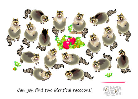 Logic puzzle for children and adults. Can you find two identical raccoons? Page for kids brain teaser book. Task for attentiveness.  IQ test. Play online. Vector cartoon illustration.のイラスト素材