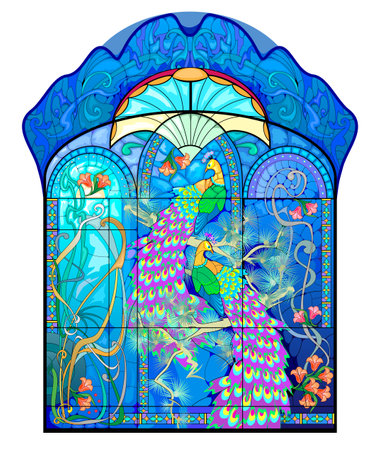 Luxury Art Nouveau stained glass window with beautiful peacocks. Ancient royal interior. Jugendstil architecture style. Template for design, wallpaper, background. Architecture in Western Europe.のイラスト素材