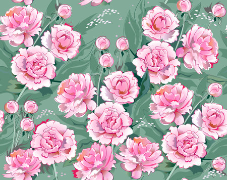 Seamless pattern ornament. Bushes of blooming peonies. Floral vintage background for mural wallpaper, fabric, decoration, clothes. Vector illustration.のイラスト素材