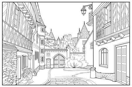 Illustration of street in a medieval French town. Fairyland kingdom. Black and white page for kids coloring book. Worksheet for drawing and meditation for children and adults. Ancient architecture.のイラスト素材