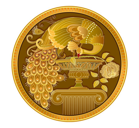 Ancient coin with gold peacock. Fantasy ornament for logo, icon, dish, tattoo. Medallion with fairy tale bird. Circle vintage decoration. Print for clothes, jewelry and fabric. Vector illustration.のイラスト素材