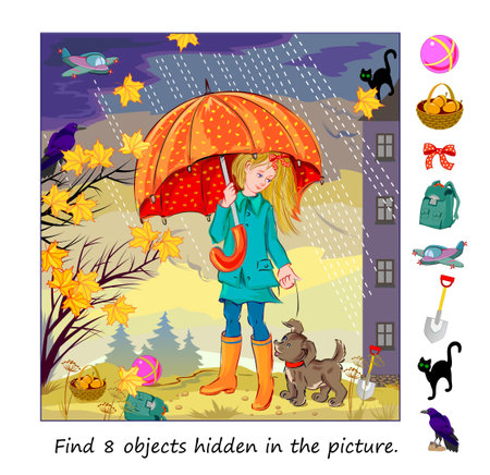Can you find 8 objects hidden in the picture? Logic puzzle game for children and adults. Little girl walks with her dog on a rainy autumn day. Educational page for kids. Vector cartoon illustration.のイラスト素材