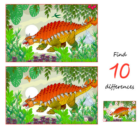 Find 10 differences. Illustration of an ankylosaurus in prehistoric jungle. Logic puzzle game for children and adults. Page for kids brain teaser book. Developing to counting skills. Vector drawing.のイラスト素材
