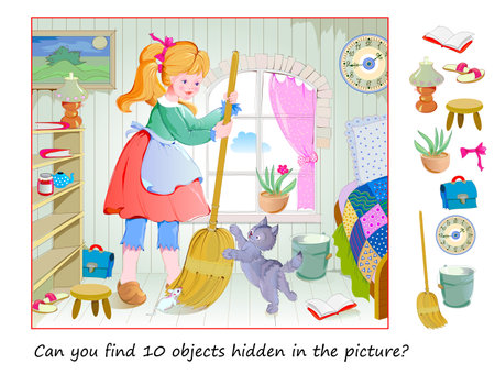 Can you find 10 hidden objects in the picture? Logic puzzle game for children and adults. Little girl cleaning her room. Educational page for kids. Vector cartoon illustration.のイラスト素材