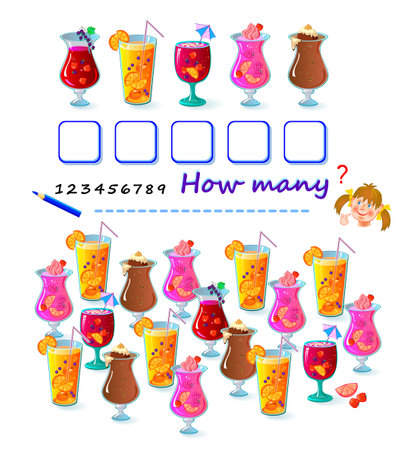 Mathematical education for children. How many drinks can you find in the picture? Count the quantity and write the numbers. Kids activity sheet. Educational puzzle game. Vector cartoon illustration.のイラスト素材