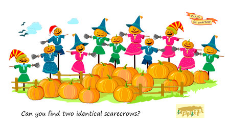 Logic puzzle for children and adults. Can you find two identical scarecrows? Page for kids brain teaser book. Task for attention. IQ test. play online. vector cartoon illustration.のイラスト素材