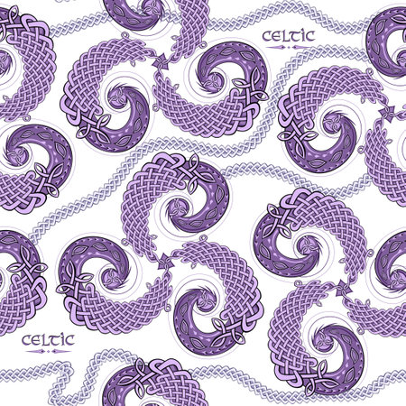 Seamless pattern ornament. Abstract background with ancient Celtic triskelion, Celtic knot and triple trickle spiral symbols. Drawing for design, fabric, print, mural wallpaper. Vector illustration.のイラスト素材