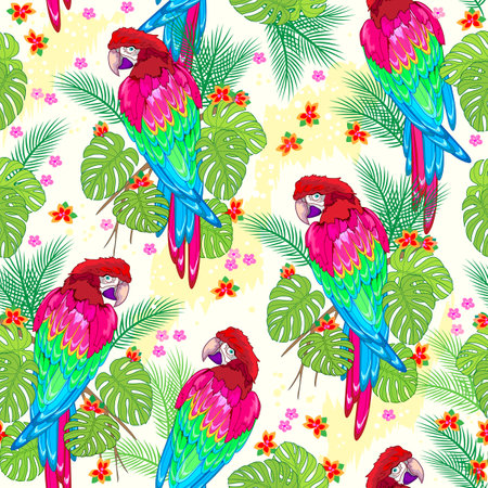 Seamless pattern ornament. Illustration of beautiful parrots in the tropical jungle of the rain-forest. Floral vintage background for mural wallpaper, fabric, decoration, clothes. Vector illustration.のイラスト素材