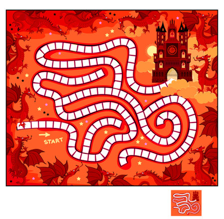Best labyrinths. Find the way to the castle. Logic puzzle game. Dragon maze. Brain teaser book. Educational page for children. Play online. Flat vector illustration.のイラスト素材
