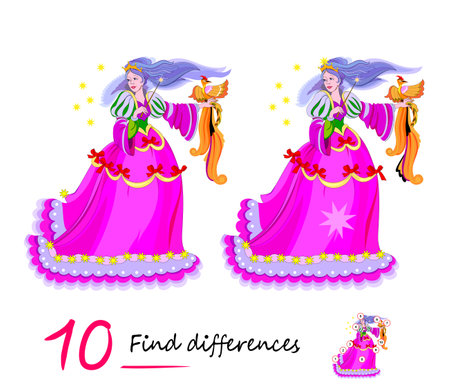 Find 10 differences. Illustration of fairy princess with firebird. Logic puzzle game for children and adults. Page for kids brain teaser book. Task for attentiveness. Vector cartoon drawing.のイラスト素材