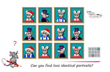 Logic puzzle for children and adults. Can you find two identical portraits? Page for kids brain teaser book. Task for attentiveness. IQ test. Play online. Vector cartoon illustration.のイラスト素材