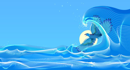 The wave in the ocean. Abstract sea drawing for you advertising. Stormy weather with flying petrel. Template for maritime background, greeting card, banner or wallpaper. Vector illustration.のイラスト素材