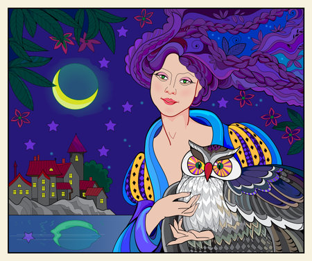 Fairy of the night owl. Drawing of fabulous princess in fashionable dress. Cover for children fairy tale book. Illustration of beautiful girl. Print for carnival, festival, fashion. Cartoon vector.のイラスト素材