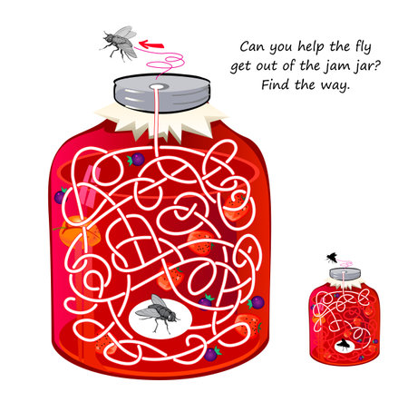 Best labyrinths. Can you help the fly get out of the jam jar? Find the way. Logic puzzle game. Brain teaser book with maze. Activity sheet. Educational page for children. Vector cartoon illustration.のイラスト素材