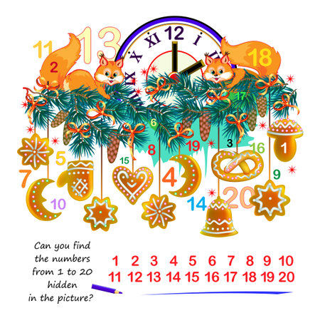Logic puzzle game. Math education for young children. Can you find the numbers from 1 to 20 hidden in the picture? Developing counting skills. IQ test. Play online. Printable worksheet for kids.のイラスト素材