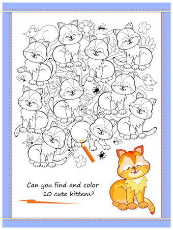 Educational page for little children. Can you find and color 10 cute kittens? Coloring book. Printable worksheet for kids. Developing counting and drawing skills. Vector cartoon illustration.のイラスト素材