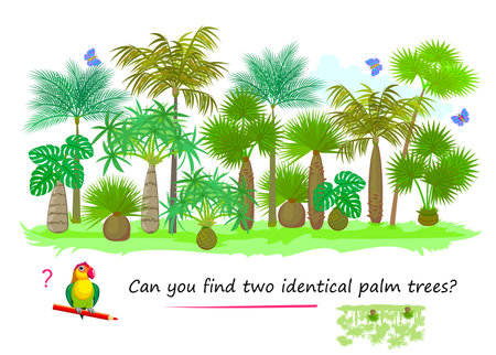 Logic puzzle for children and adults. Can you find two identical palm trees? Page for kids brain teaser book. Task for attentiveness. IQ test. Play online. Vector cartoon illustration.のイラスト素材
