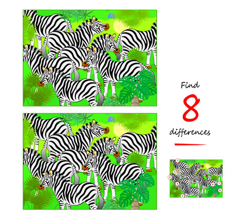 Find 8 differences. Illustration of herd of zebras. Logic puzzle game for children and adults. Page for kids brain teaser book. Task for attentiveness. Vector cartoon drawing.のイラスト素材