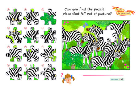 Can you find the puzzle piece that fell out of picture? Logic game for children and adults. Page for kids brain teaser book. Task for attentiveness. Developing spatial thinking. Flat vector image.のイラスト素材