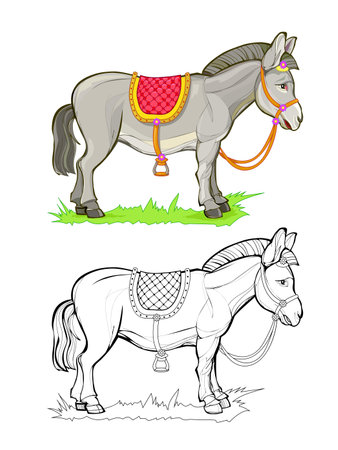 Colorful and black and white page for coloring book. Illustration of a cute little donkey. Printable worksheet for children homework. Flat clip-art drawing. Vector cartoon image. Animals for kids.のイラスト素材