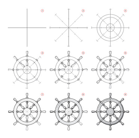 Page shows how to learn to draw from life sketch a ship's steering wheel. Pencil drawing lessons. Educational page for artists. Developing artistic skills. Online education. Vector illustration.のイラスト素材
