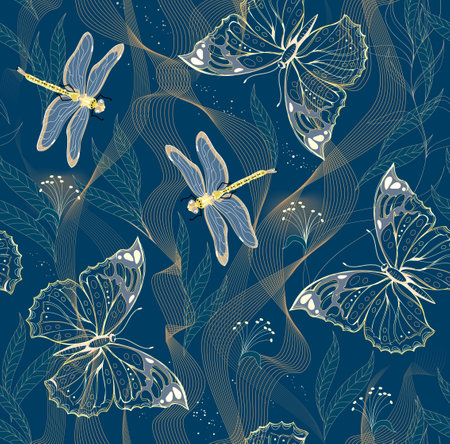 Seamless pattern ornament. Luxury floral background with dragonflies and butterflies. Fantasy summer meadow. Modern print for design, fabric, banner, embroidery, wallpaper. Vector illustration.のイラスト素材