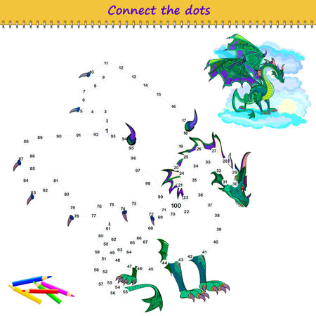 Connect the dots from 1 to 100 and draw the dragon. Trace the line between numbers. Coloring book for kids. Develop counting skills. Logic puzzle game for children. Educational page. Vector image.のイラスト素材