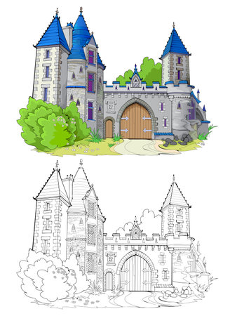 Colorful and black and white template for coloring. Fantasy illustration of a medieval French fortress with gates. Ancient architecture. Worksheet for coloring book for children and adults.のイラスト素材