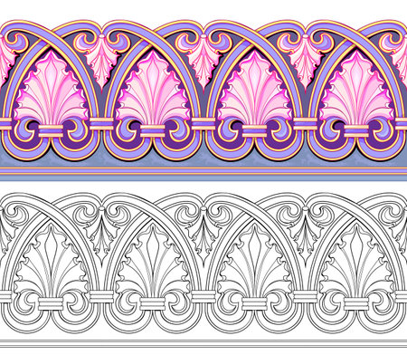 Architectural border ornament. Classical French baroque style. Luxury geometric design. Seamless ribbon pattern. Color and black print for decoration, fabric, embroidery, wallpaper. Flat vector.のイラスト素材