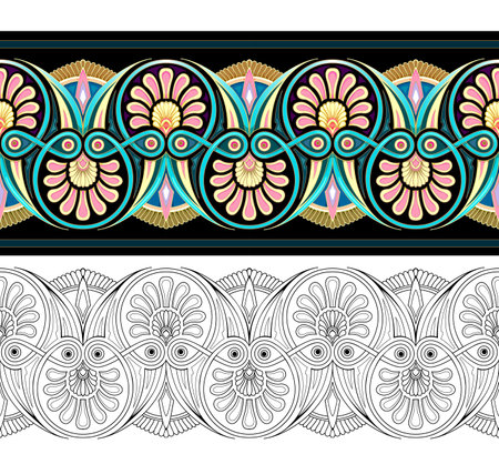 Ancient Greek geometric design. Seamless pattern. Classic ornament of antique border. Color and black and white template set. Print for decoration, fabric, embroidery, wallpaper. Vector illustration.のイラスト素材
