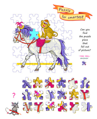 Can you find the puzzle piece that fell out of picture? Logic game for children and adults. Page for kids brain teaser book. Task for attentiveness. Developing spatial thinking. Flat vector image.のイラスト素材