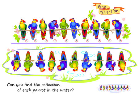 Logic puzzle game for children and adults. Can you find the reflection of each parrot in the water? Brain teaser book. Developing kids spatial thinking. Task for attentiveness. Vector illustration.のイラスト素材